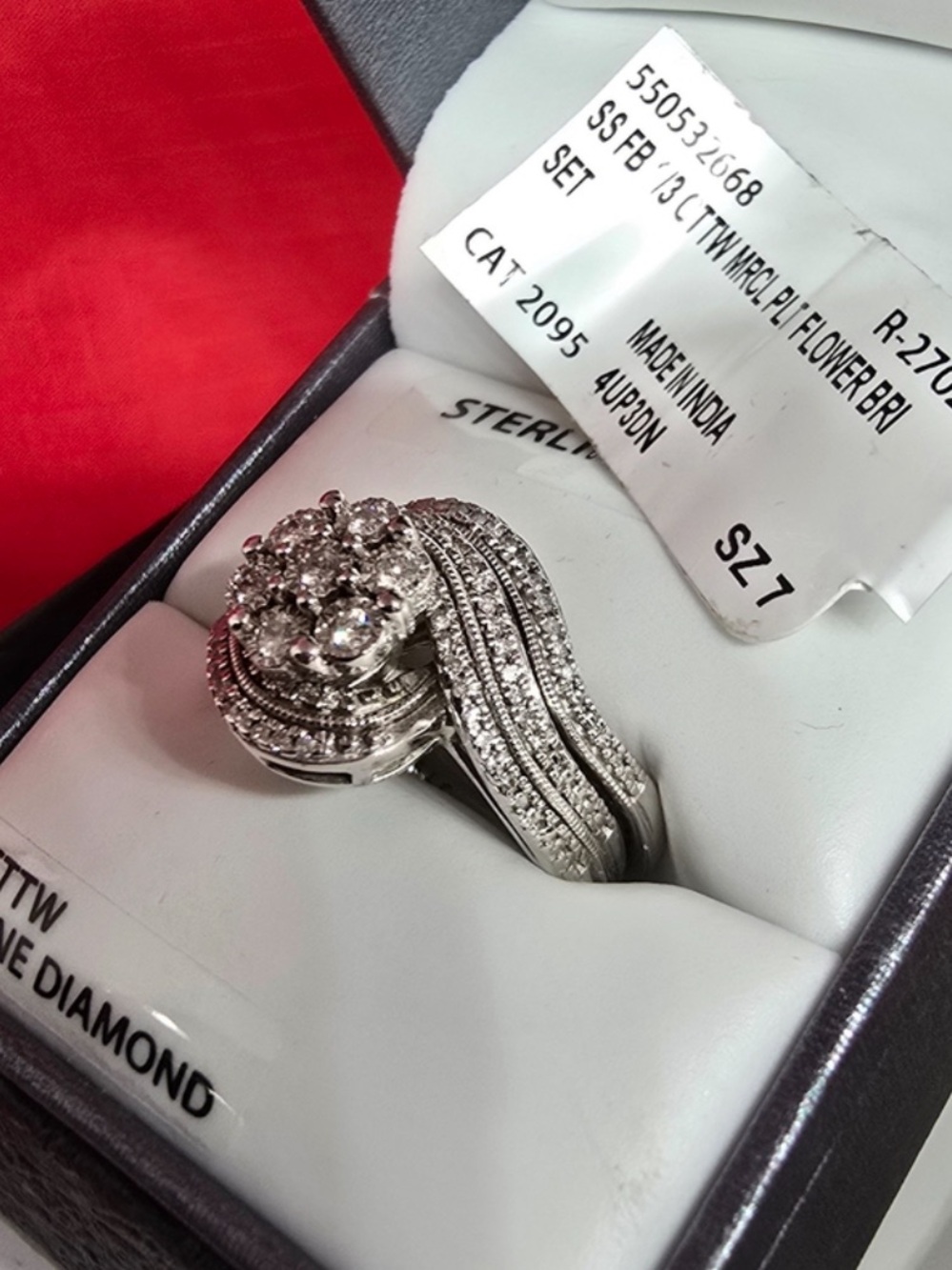 Keepsake Sterling Silver White Diamond flower Cluster Bridal Ring Set Sz7 1/3ct